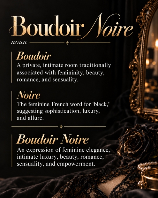 Graphic defining “Boudoir Noire” as a term for intimate luxury, beauty, and feminine empowerment, with text explaining the origins and connotations of the words “Boudoir” and “Noire.”