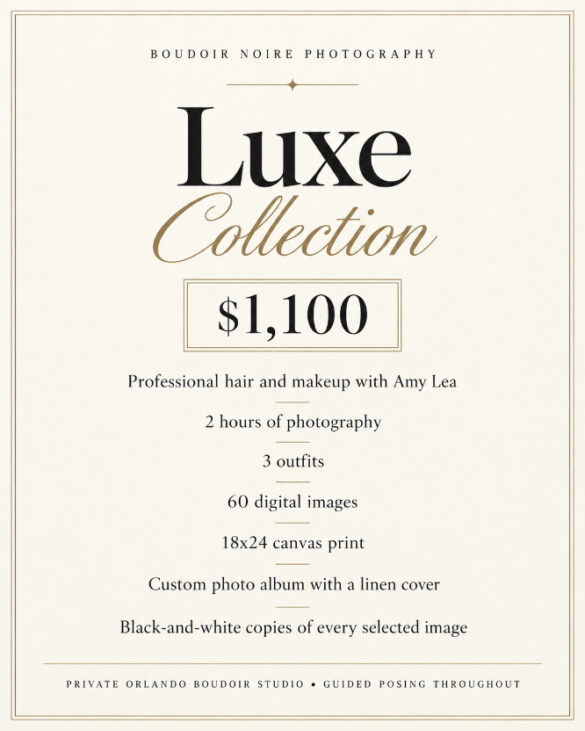 Boudoir Noire Photography Luxe Collection price list for $1,100, detailing services including two hours of photography, three outfits, 60 digital images, a canvas print, a photo album, and black-and-white copies.