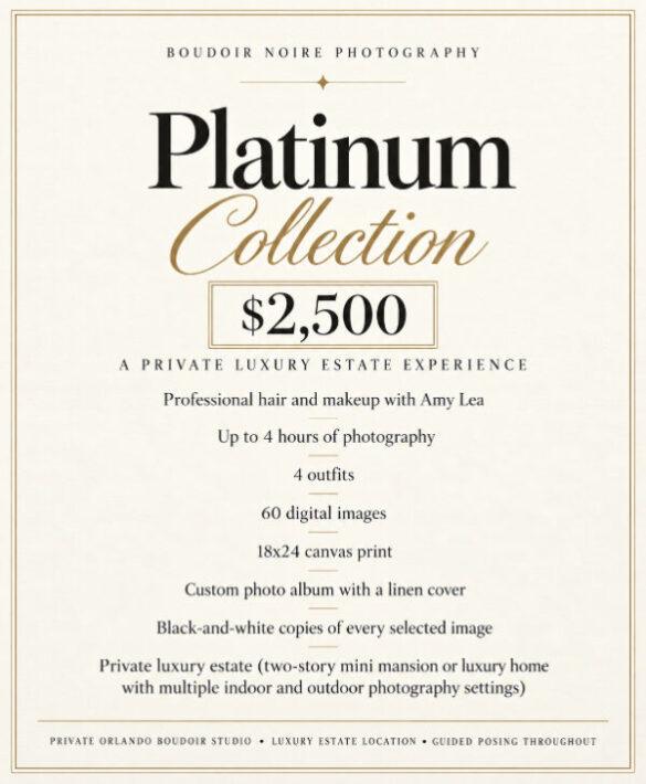 Boudoir Noire Photography Platinum Collection package flyer listing pricing and inclusions, including professional hair and makeup, 4 hours of photography, 4 outfits, 60 digital images, a canvas print, an album, and a luxury estate location.