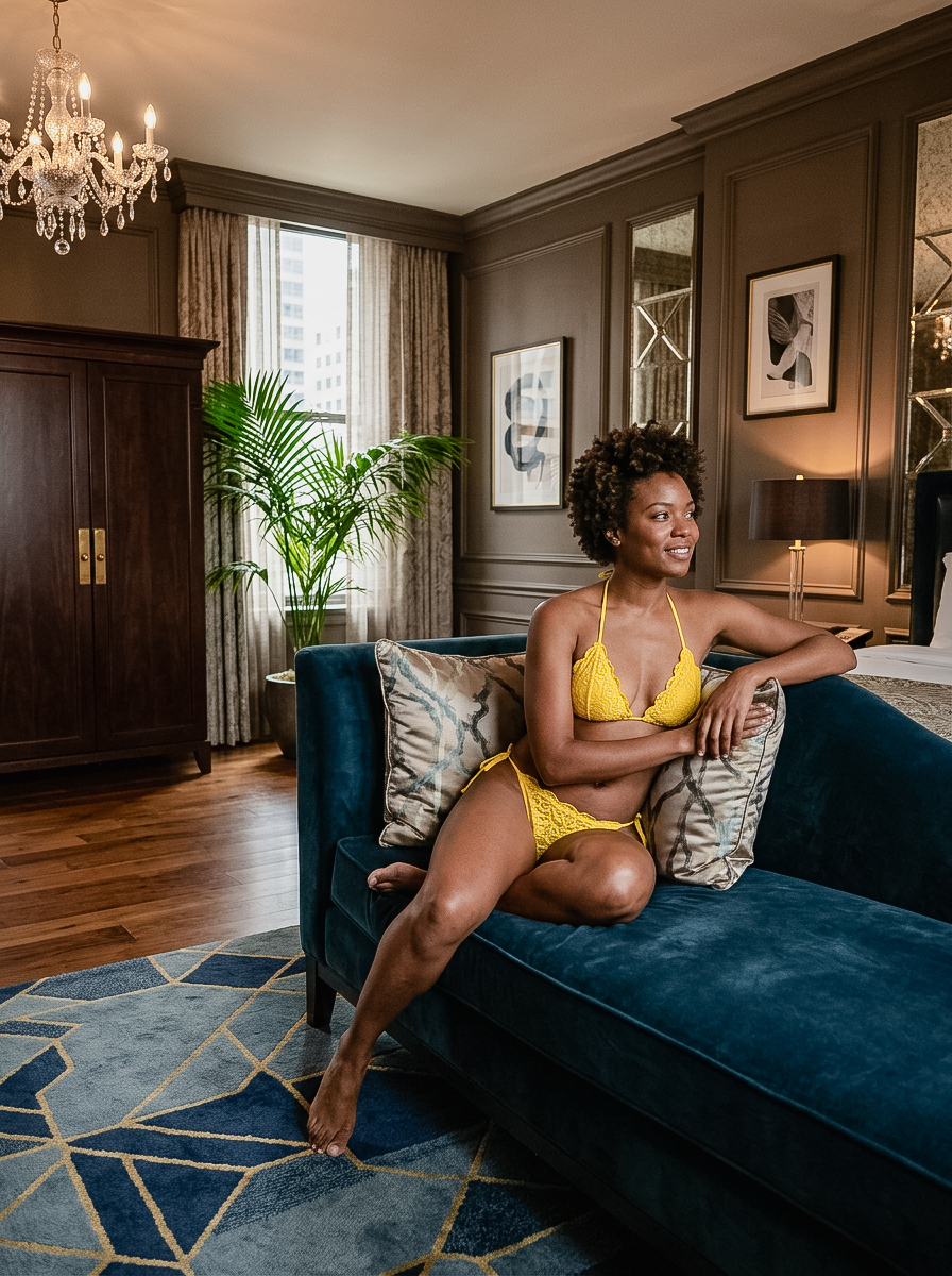 A woman in a yellow bikini sits on a blue velvet sofa in a stylish living room with wood floors, artwork, a chandelier, and a large plant near the window.