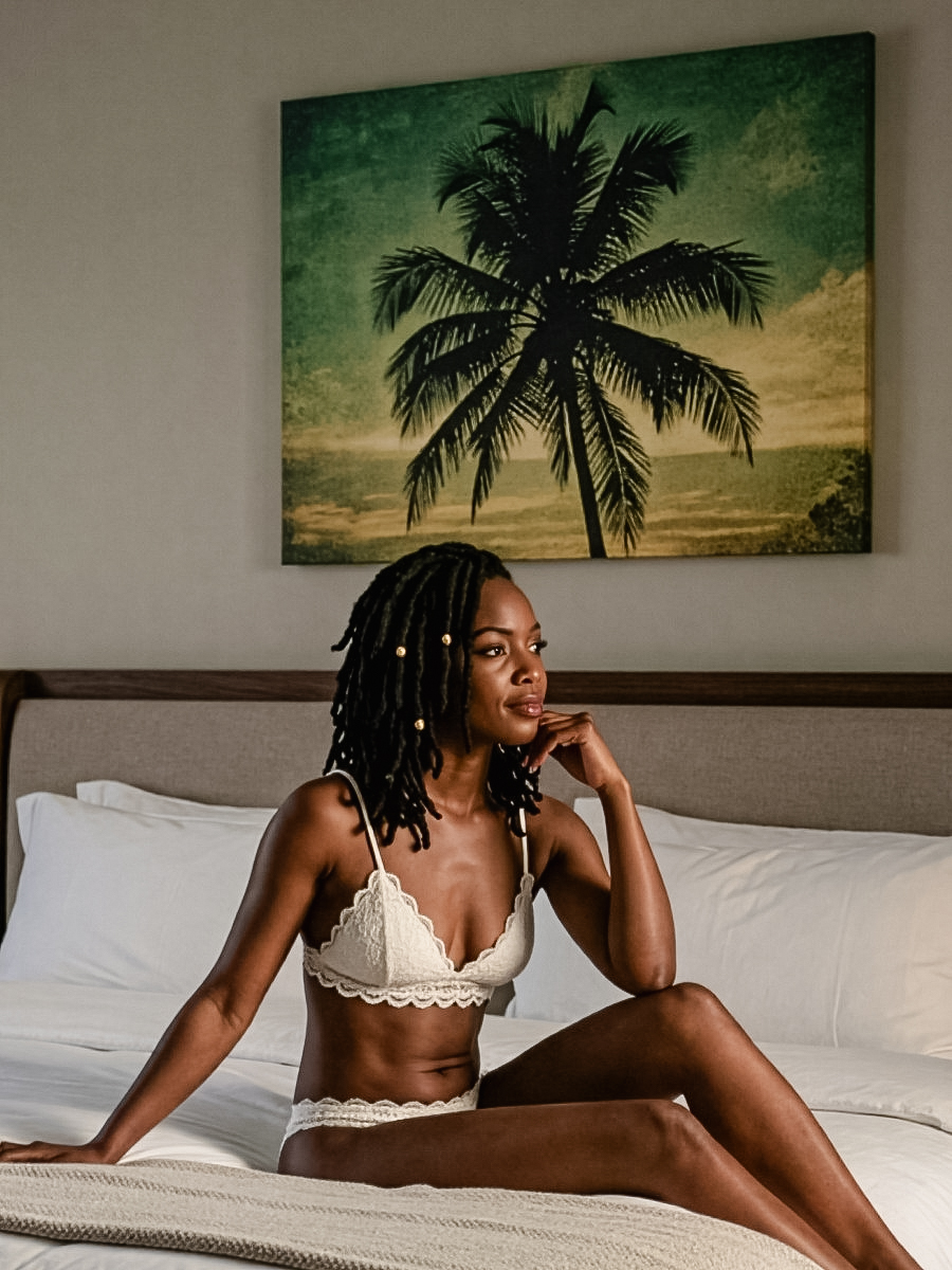 A woman in white lace lingerie sits on a bed, resting her chin on her hand. A framed image of a palm tree hangs on the wall behind her, giving the room a relaxed, tropical feel.