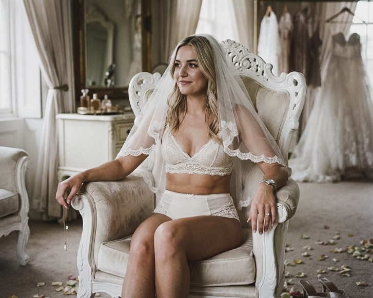 A bride in a lace bralette, high-waisted briefs, and a veil sits in a white ornate armchair.