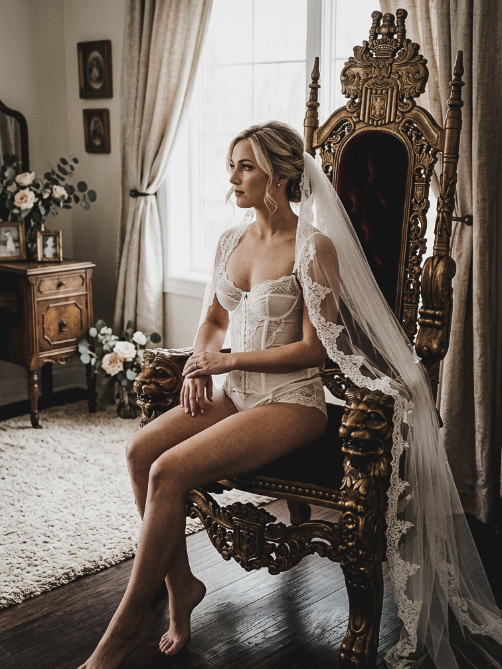 A bride in a white lace corset, briefs, and a veil sits in a large, ornate, high-backed gold chair.