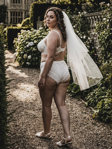 A woman in white lace lingerie and a bridal veil walks along a gravel garden path.