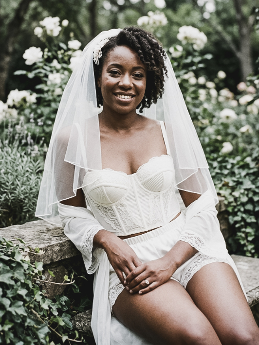 A bride wearing a white bustier and veil sits outdoors in a garden.