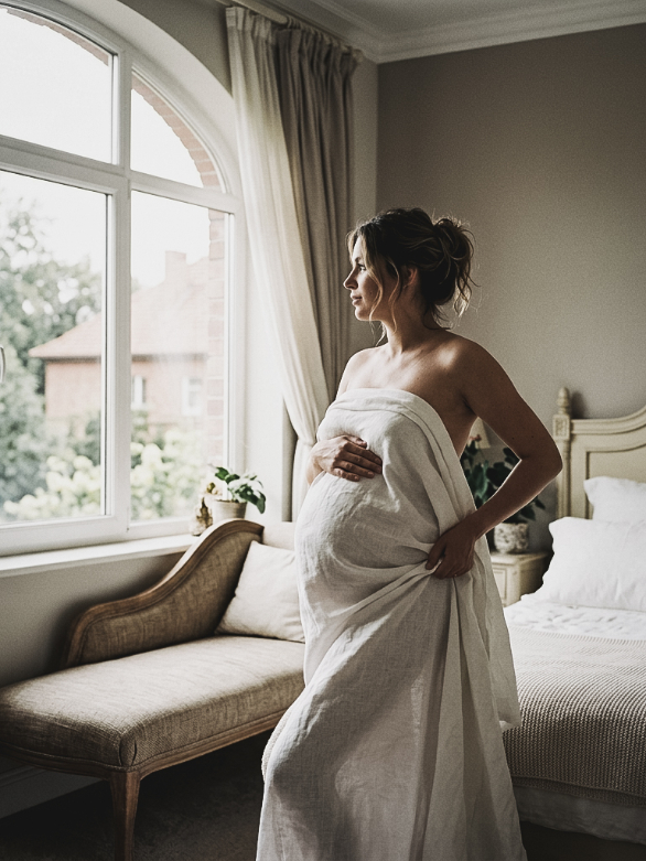A pregnant woman wrapped in a white cloth stands in a bedroom by a large window.