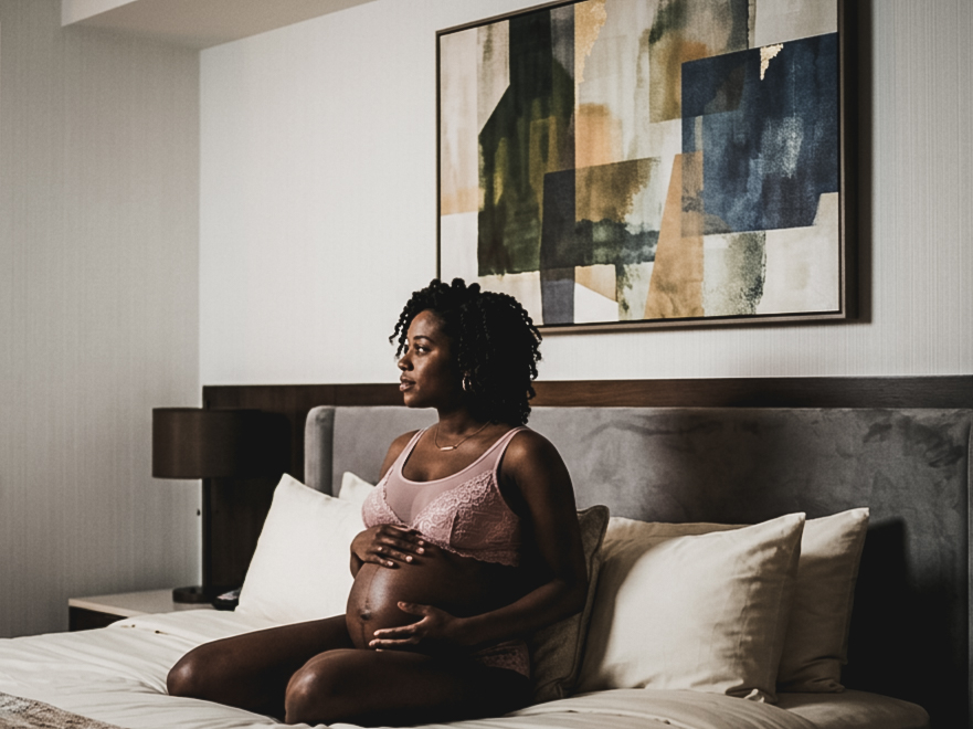 A pregnant woman sits on a bed with her hands resting on her belly.